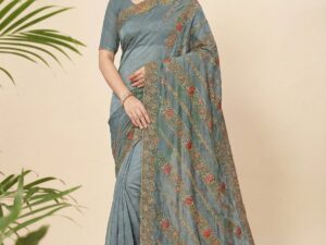 Elegant Floral Embroidered Designer Saree with Zari Border – Premium Festive & Party Wear (Available in Red, Mustard & Grey)