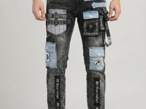 Men's Grey Edgy Streetwear Jeans – Slim Fit Cargo Denim with Funky Patches & Strap Details