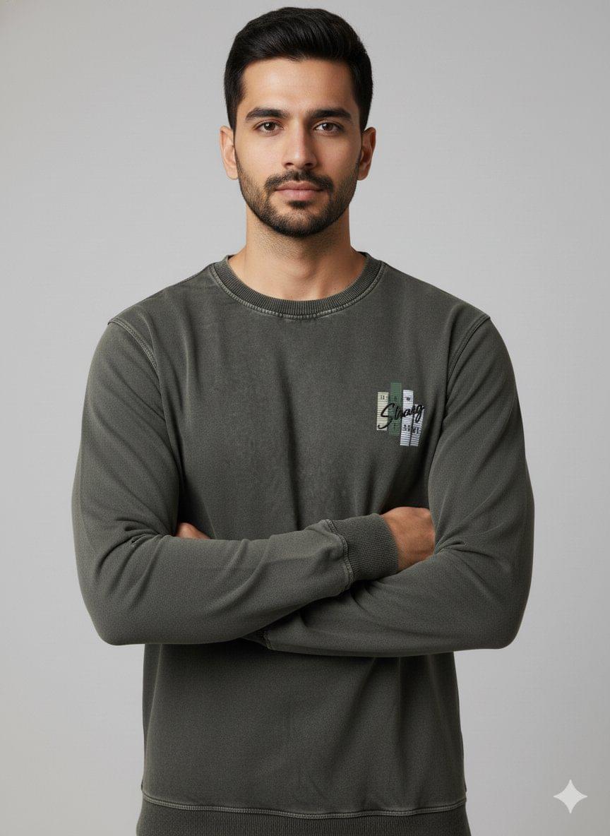 Men's Washed Olive Denim Graphic Crewneck Sweatshirt