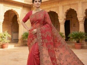 Elegant Reddish-Orange Embroidered Saree | Traditional Indian Ethnic Wear